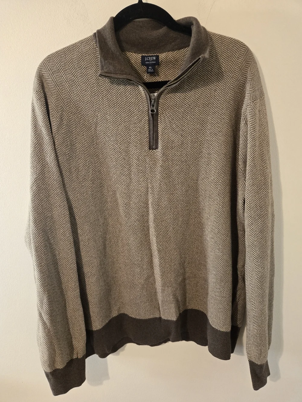 J Crew Mens Front Zip Sweater Size XL Brown Herringbone Long Sleeve 100% Cotton